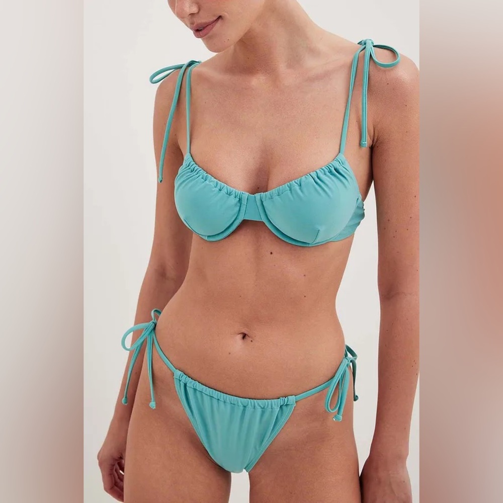 NA-KD Set - Turquoise Drawstring Tie Bikini Bra & Highcut Bikini Panty